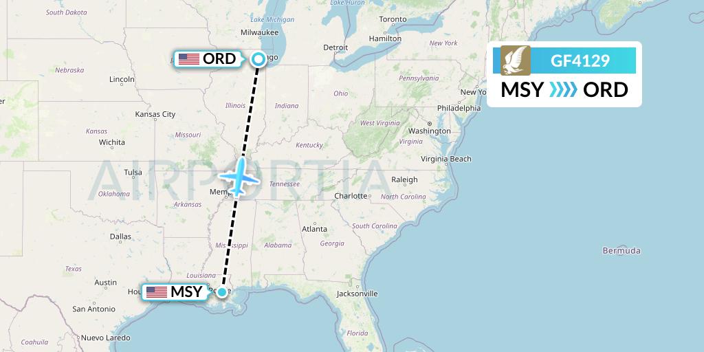 GF4129 Gulf Air Flight Map: New Orleans to Chicago