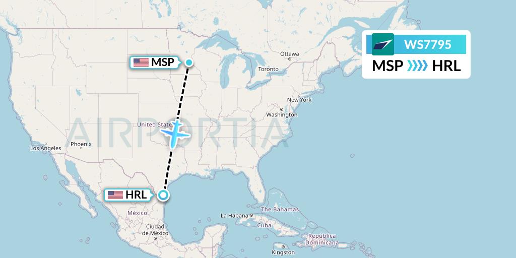 WS7795 WestJet Flight Map: Minneapolis to Harlingen