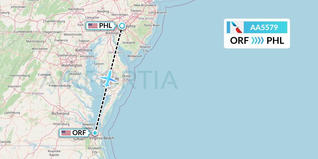 AA5579 American Airlines Flight Map: Norfolk to Philadelphia