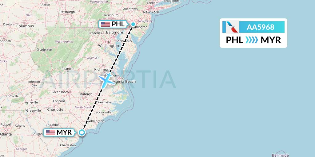 AA5968 American Airlines Flight Map: Philadelphia to Myrtle Beach