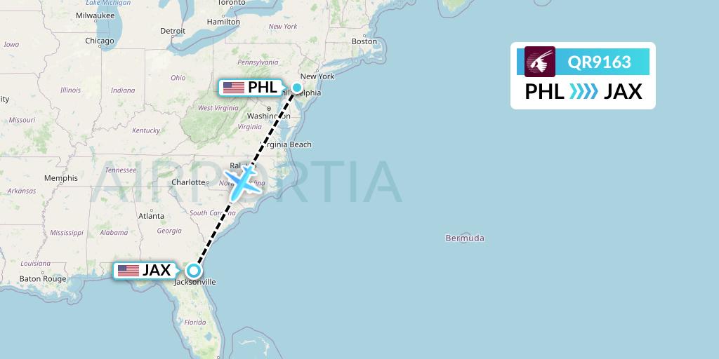 QR9163 Qatar Airways Flight Map: Philadelphia to Jacksonville