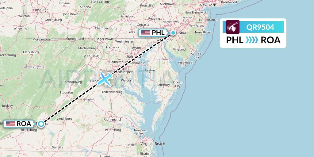 QR9504 Qatar Airways Flight Map: Philadelphia to Roanoke