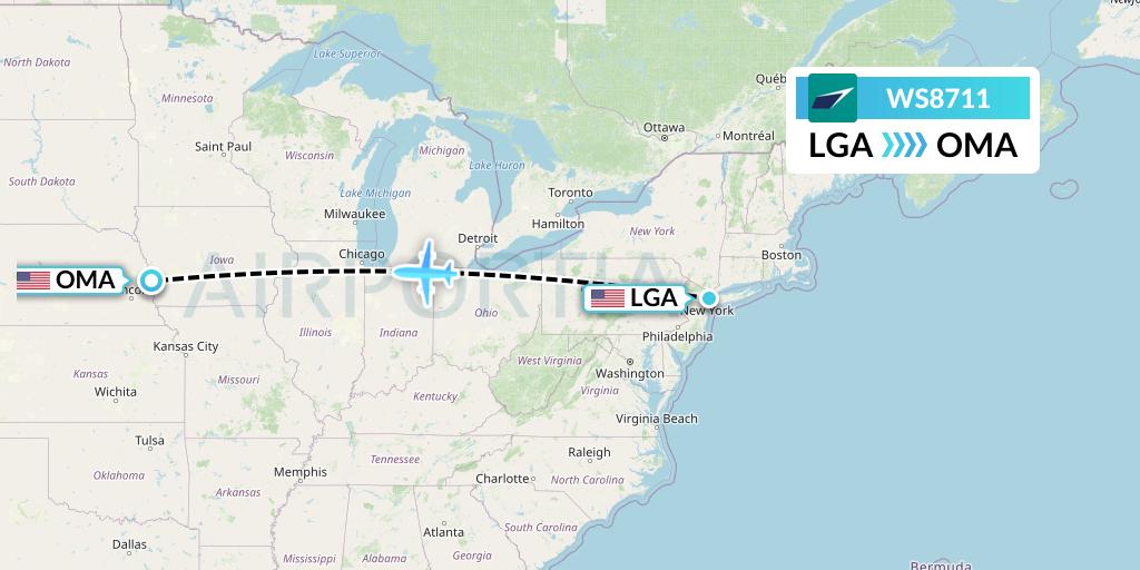 WS8711 WestJet Flight Map: New York to Omaha