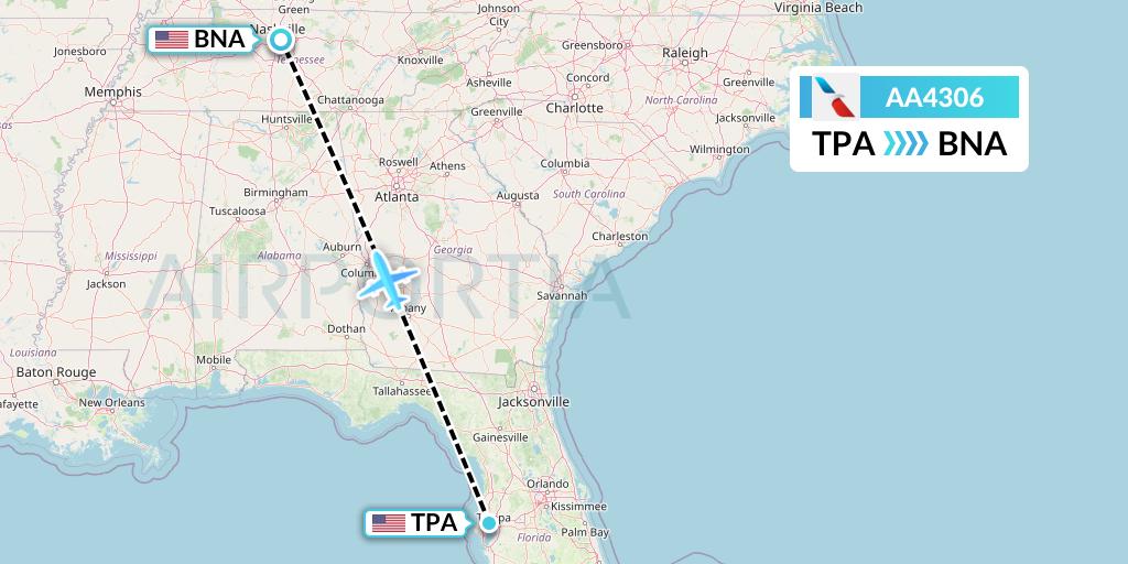 AA4306 American Airlines Flight Map: Tampa to Nashville