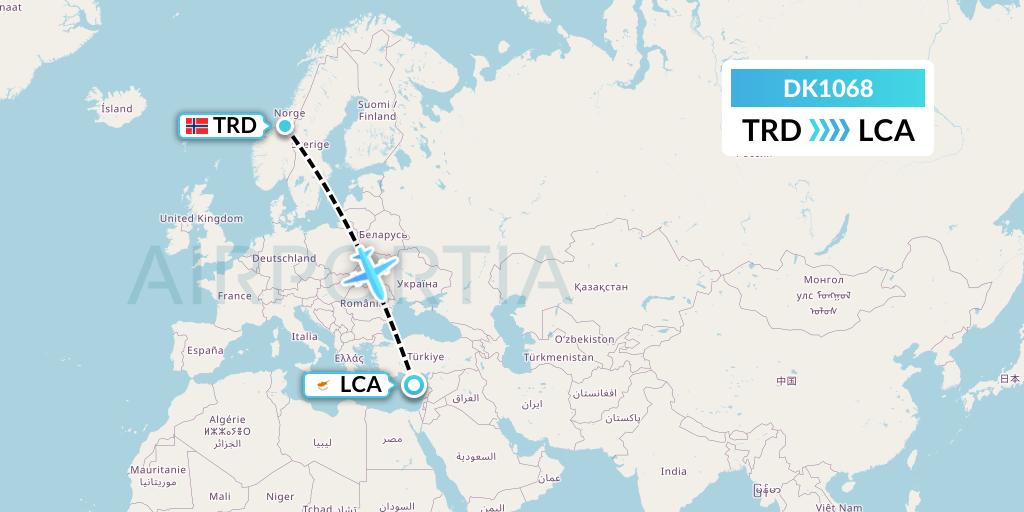 DK1068 Thomas Cook Airlines Scandinavia Flight Map: Trondheim to Larnaca
