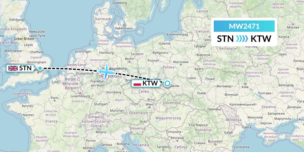 MW2471 Mokulele Flight Service Flight Map: London to Katowice