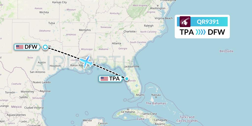 QR9391 Qatar Airways Flight Map: Tampa to Dallas