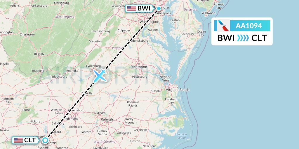 AA1094 American Airlines Flight Map: Baltimore to Charlotte