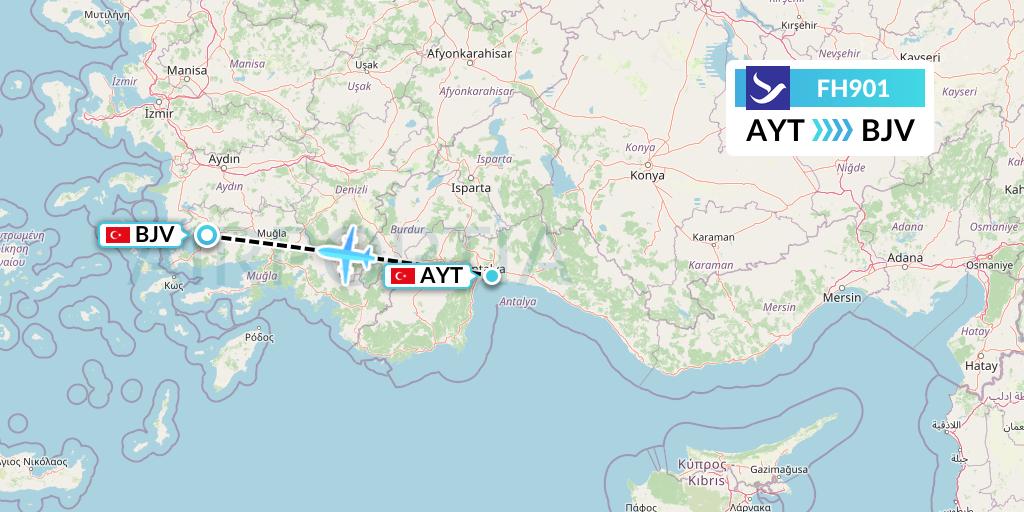 FH901 Freebird Airlines Flight Map: Antalya to Bodrum