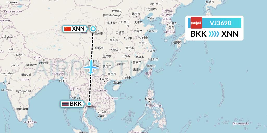 VJ3690 VietJet Air Flight Map: Bangkok to Xining