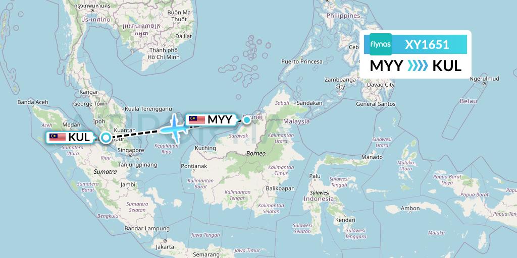 XY1651 Flynas Flight Map: Miri to Kuala Lumpur