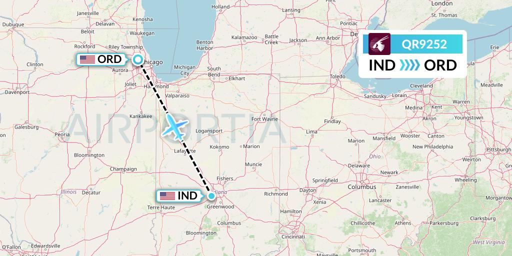 QR9252 Qatar Airways Flight Map: Indianapolis to Chicago