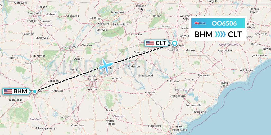 OO6506 SkyWest Airlines Flight Map: Birmingham to Charlotte