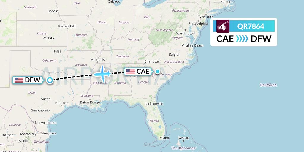 QR7864 Qatar Airways Flight Map: Columbia to Dallas
