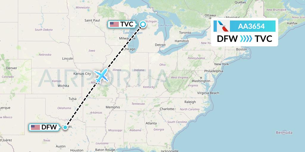 AA3654 American Airlines Flight Map: Dallas to Traverse City