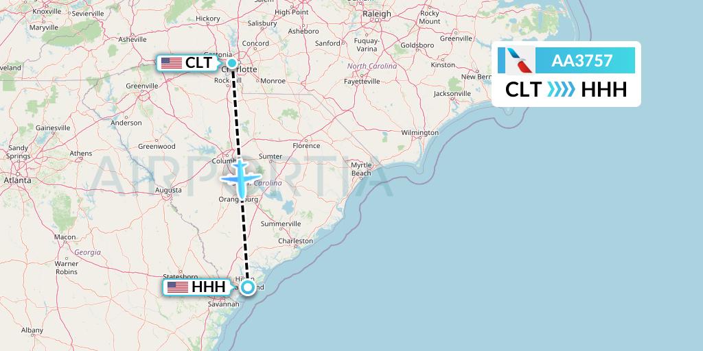 AA3757 American Airlines Flight Map: Charlotte to Hilton Head Island
