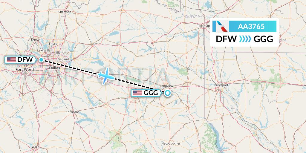 AA3765 American Airlines Flight Map: Dallas to Longview
