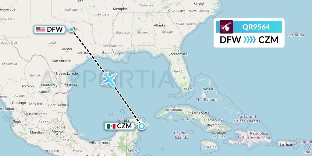 QR9564 Qatar Airways Flight Map: Dallas to Cozumel