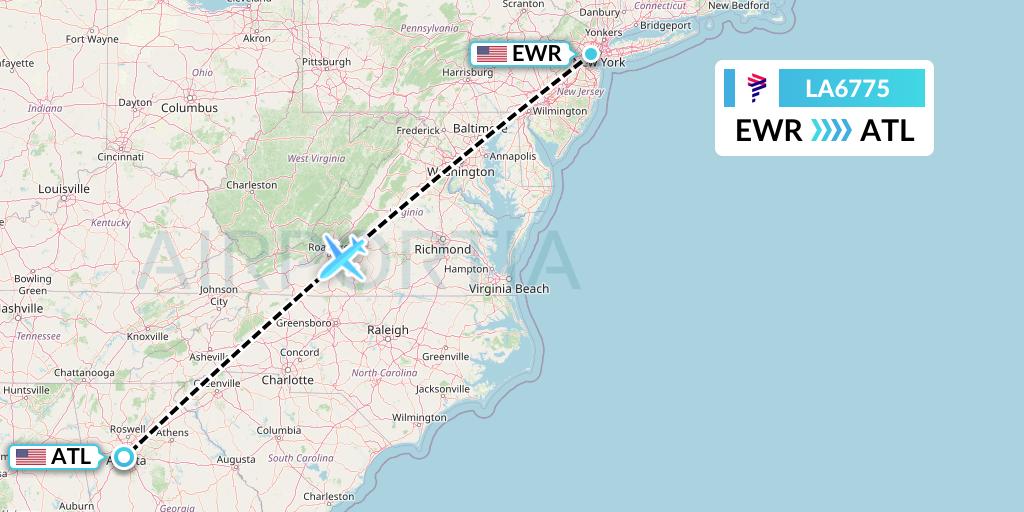 LA6775 LAN Airlines Flight Map: New York to Atlanta