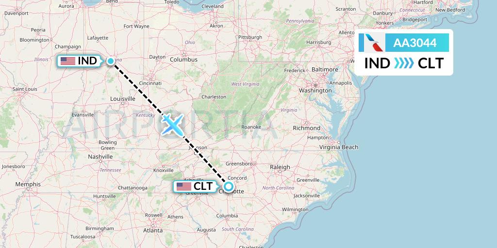 AA3044 American Airlines Flight Map: Indianapolis to Charlotte
