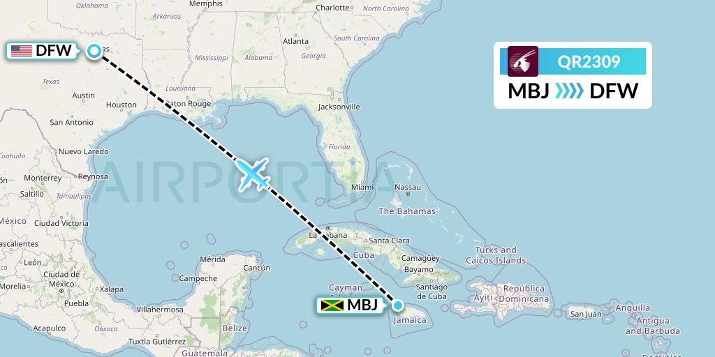 QR2309 Qatar Airways Flight Map: Montego Bay to Dallas
