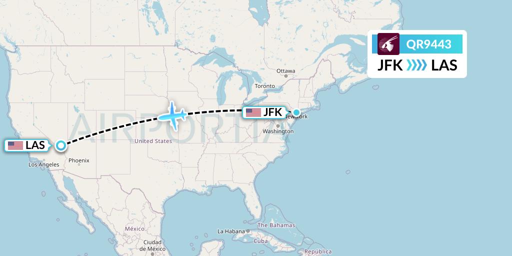 QR9443 Qatar Airways Flight Map: New York to Las Vegas