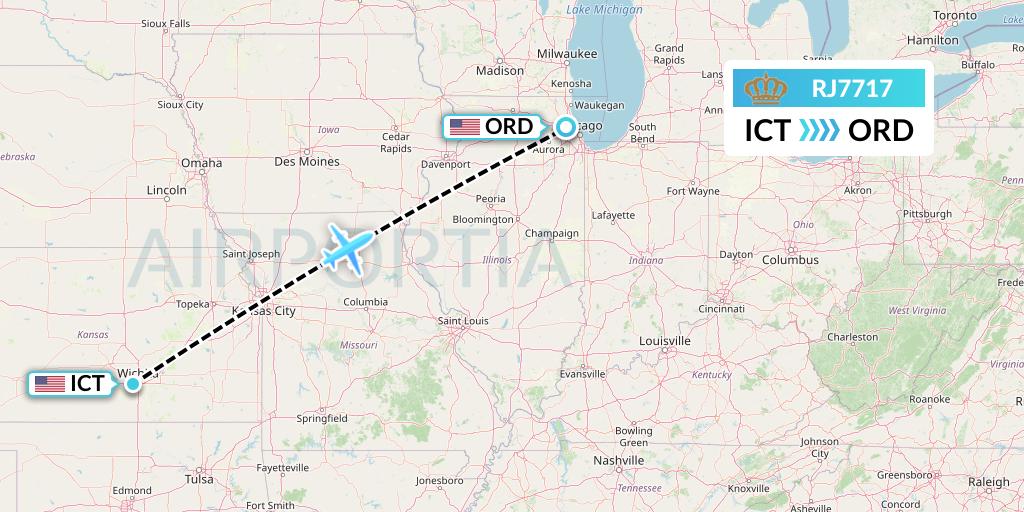 RJ7717 Royal Jordanian Flight Map: Wichita to Chicago