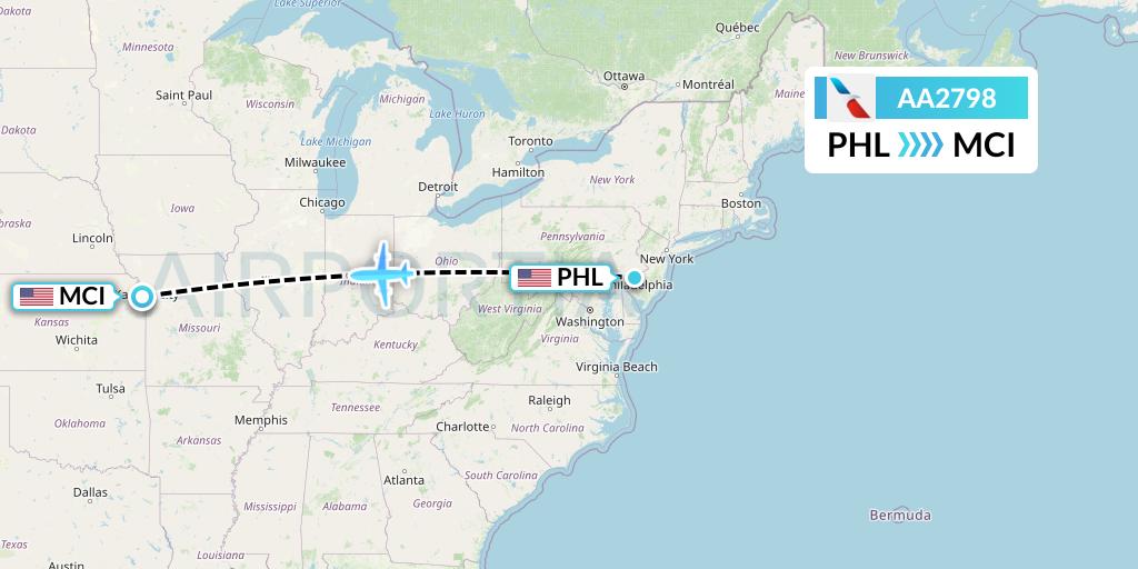 AA2798 American Airlines Flight Map: Philadelphia to Kansas City