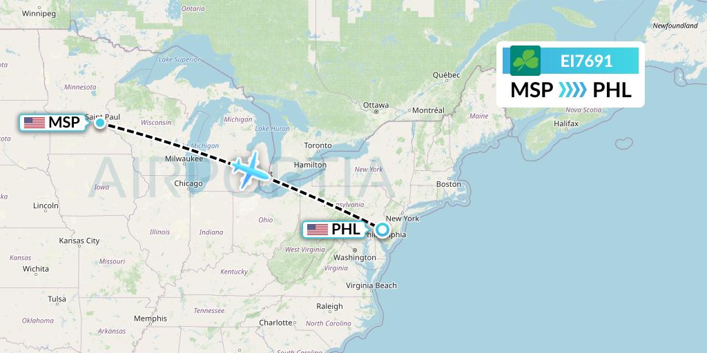 EI7691 Aer Lingus Flight Map: Minneapolis to Philadelphia