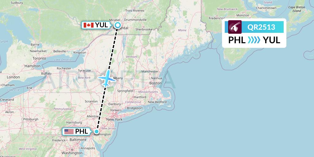 QR2513 Qatar Airways Flight Map: Philadelphia to Montreal