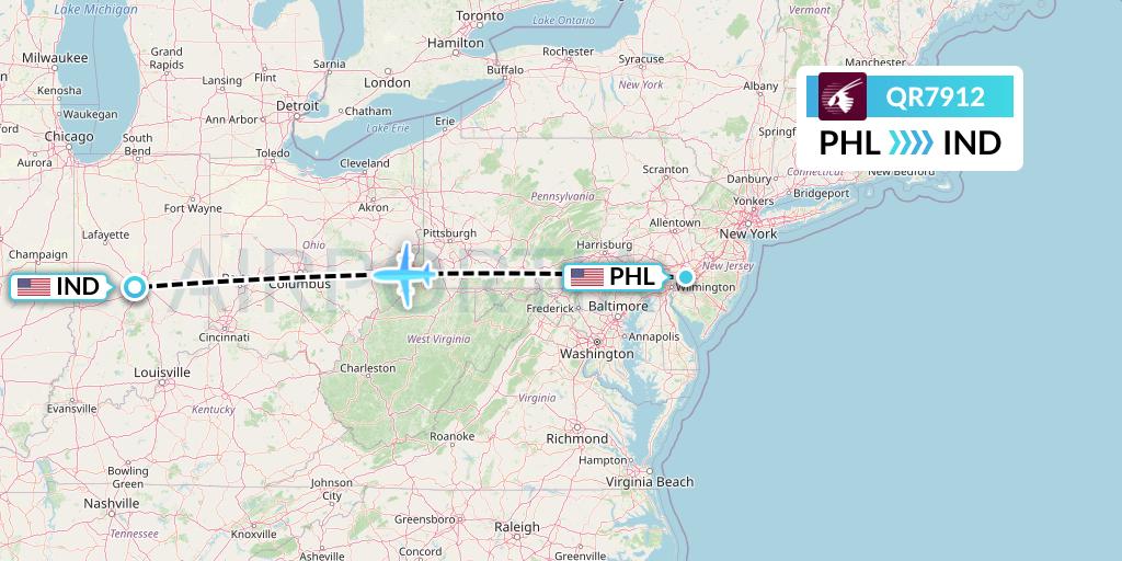 QR7912 Qatar Airways Flight Map: Philadelphia to Indianapolis
