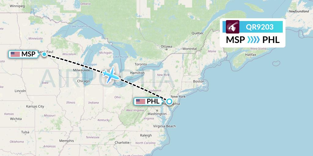 QR9203 Qatar Airways Flight Map: Minneapolis to Philadelphia