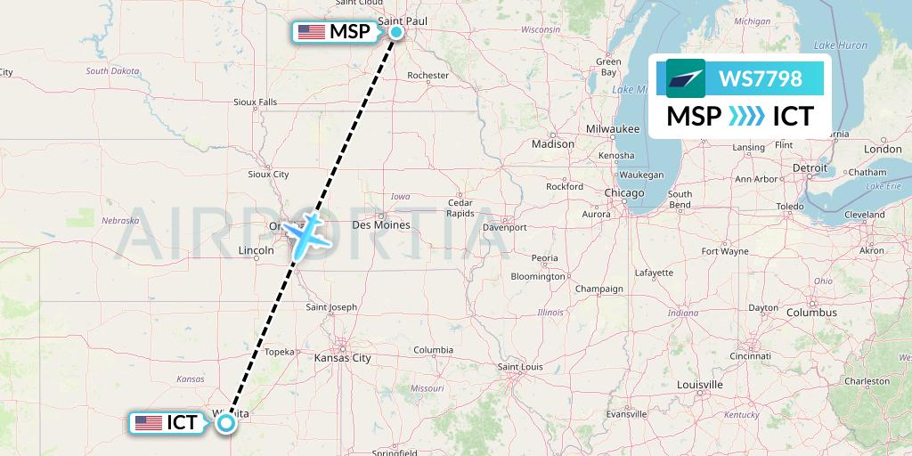 WS7798 WestJet Flight Map: Minneapolis to Wichita