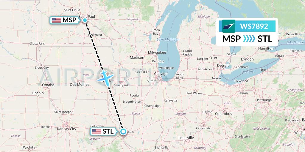 WS7892 WestJet Flight Map: Minneapolis to St. Louis