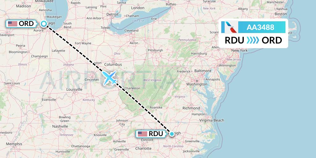 AA3488 American Airlines Flight Map: Raleigh-Durham to Chicago