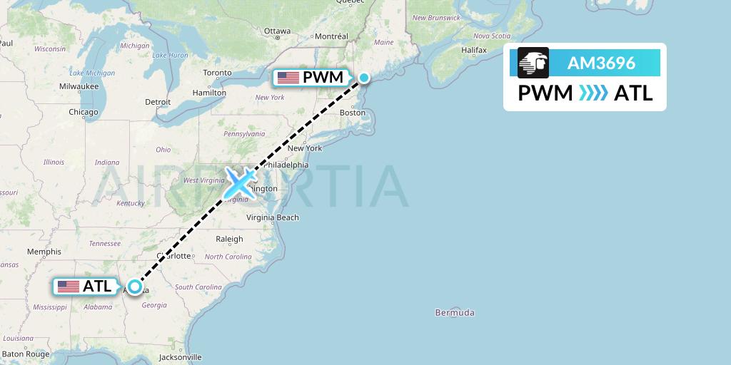 AM3696 Aeromexico Flight Map: Portland to Atlanta