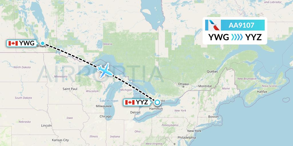 AA9107 American Airlines Flight Map: Winnipeg to Toronto