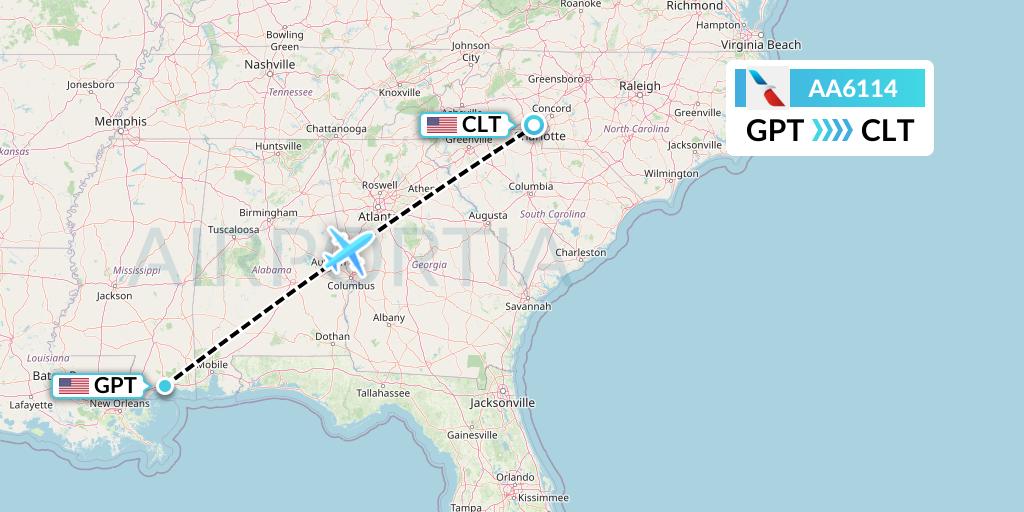 AA6114 American Airlines Flight Map: Gulfport to Charlotte