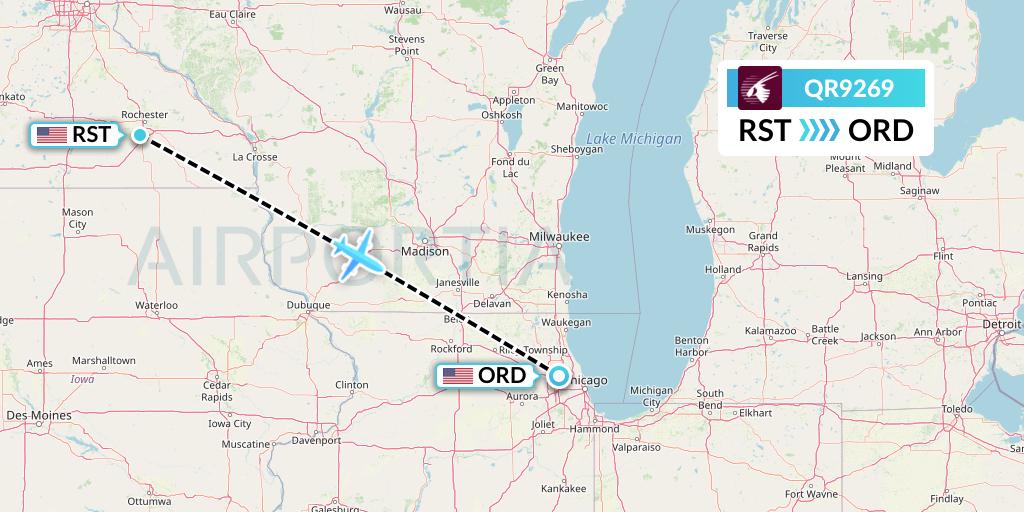 QR9269 Qatar Airways Flight Map: Rochester to Chicago