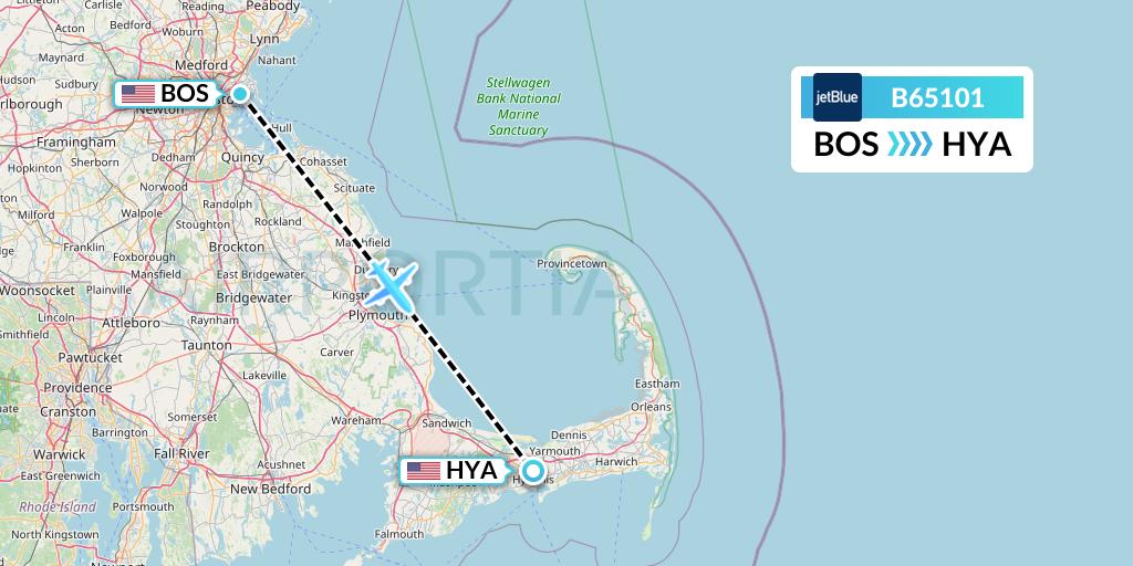 B65101 JetBlue Airways Flight Map: Boston to Hyannis