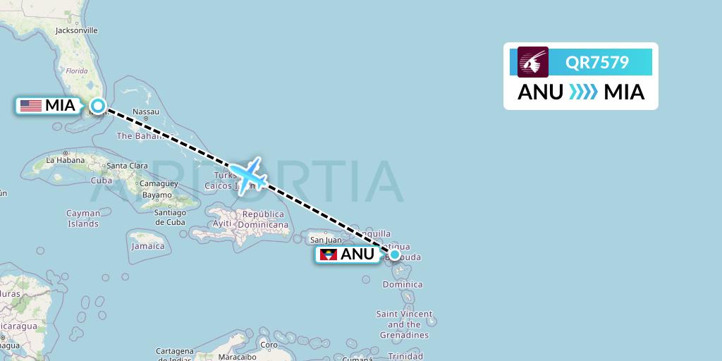 QR7579 Qatar Airways Flight Map: Antigua to Miami