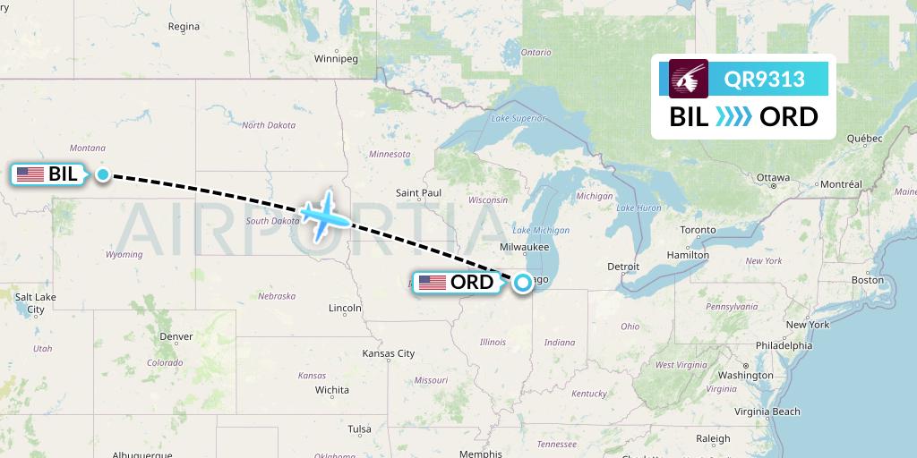 QR9313 Qatar Airways Flight Map: Billings to Chicago