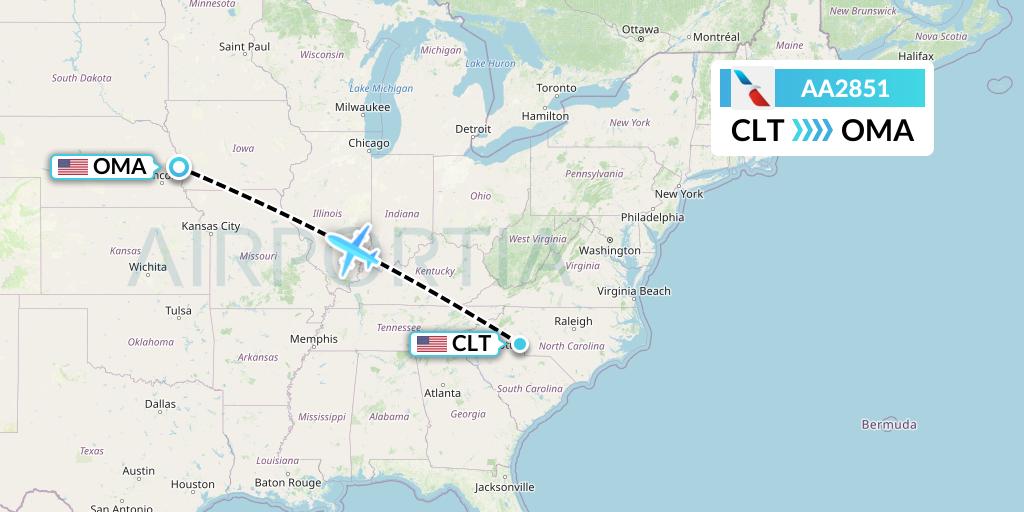 AA2851 American Airlines Flight Map: Charlotte to Omaha