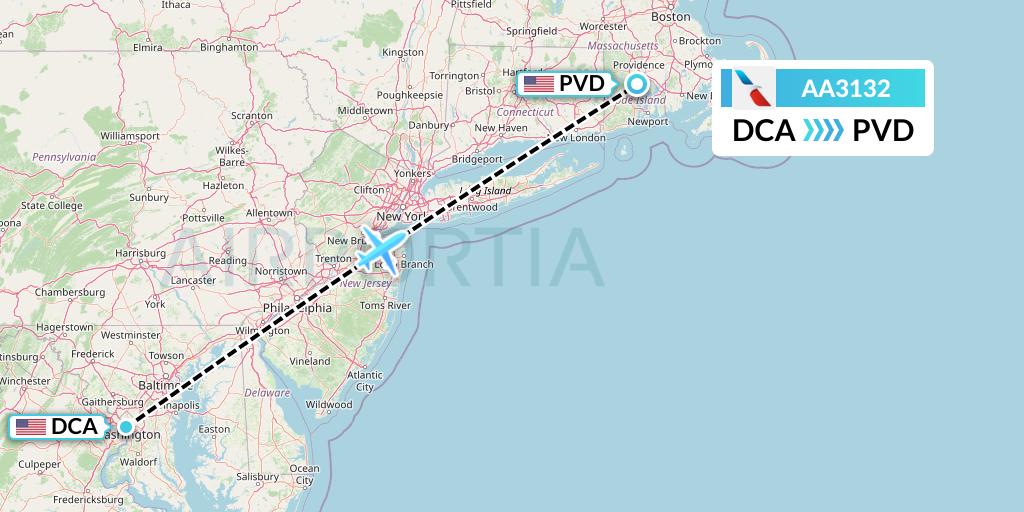 AA3132 American Airlines Flight Map: Washington to Providence