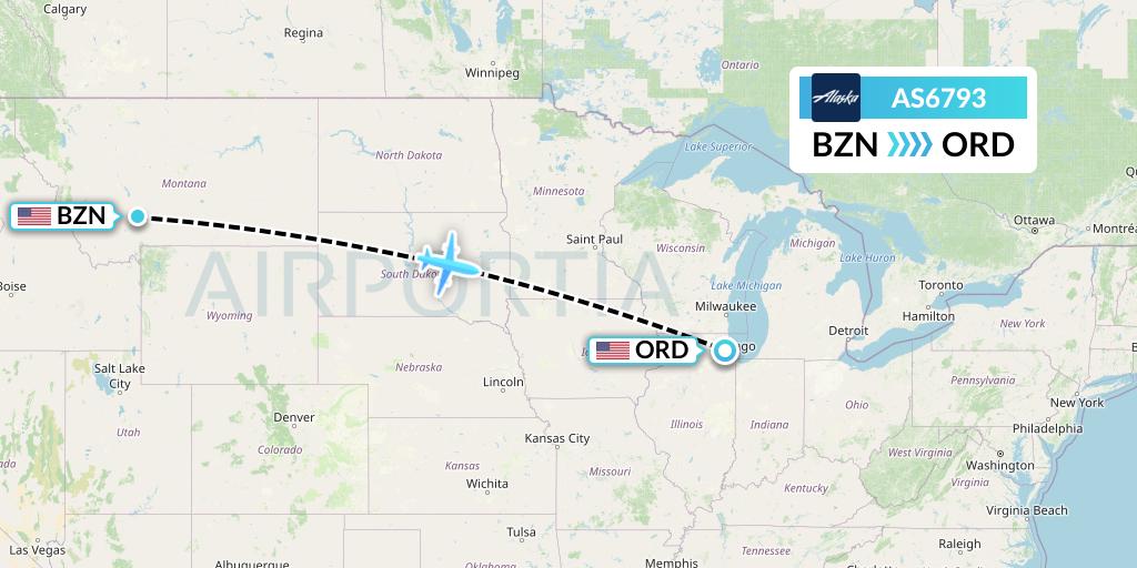 AS6793 Alaska Airlines Flight Map: Bozeman to Chicago