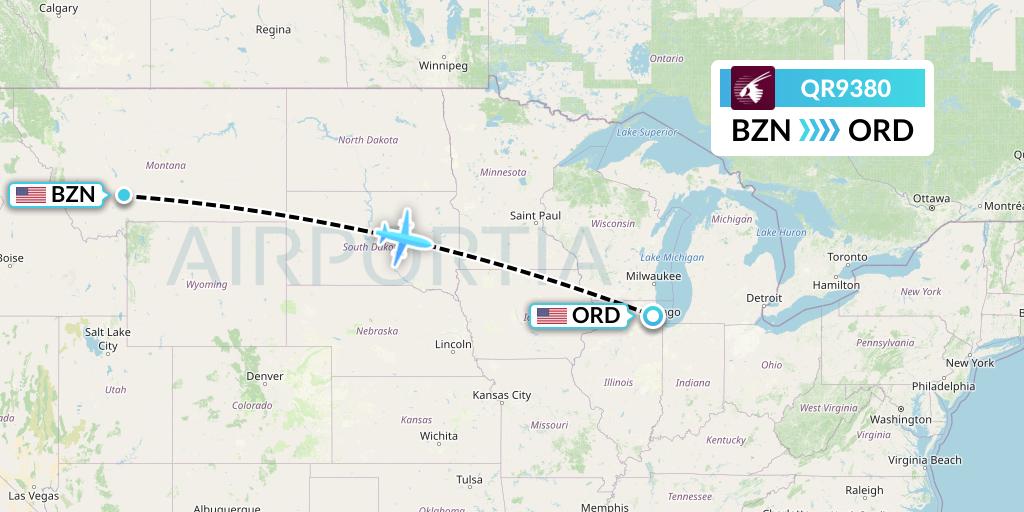 QR9380 Qatar Airways Flight Map: Bozeman to Chicago
