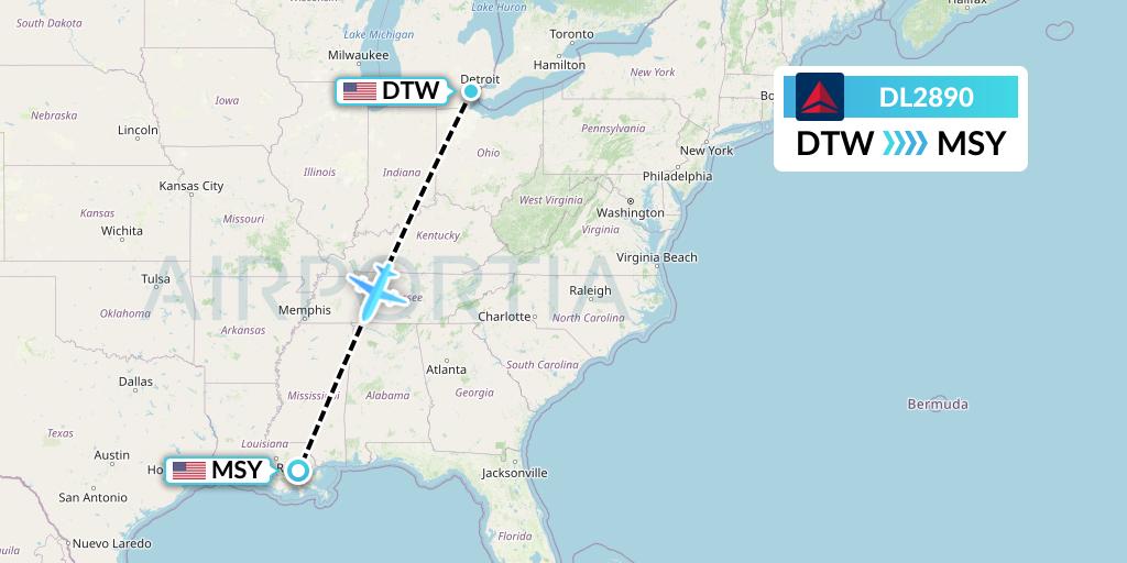 DL2890 Delta Air Lines Flight Map: Detroit to New Orleans