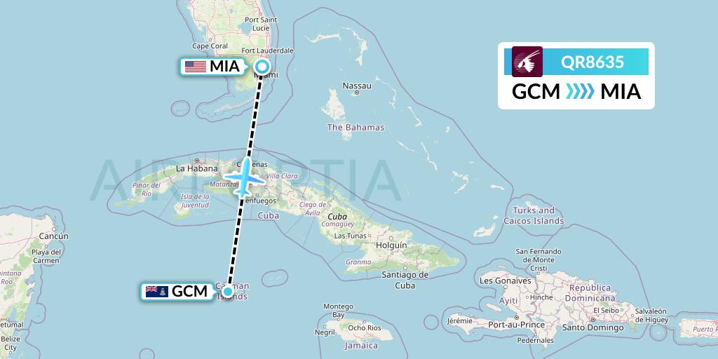 QR8635 Qatar Airways Flight Map: George Town to Miami