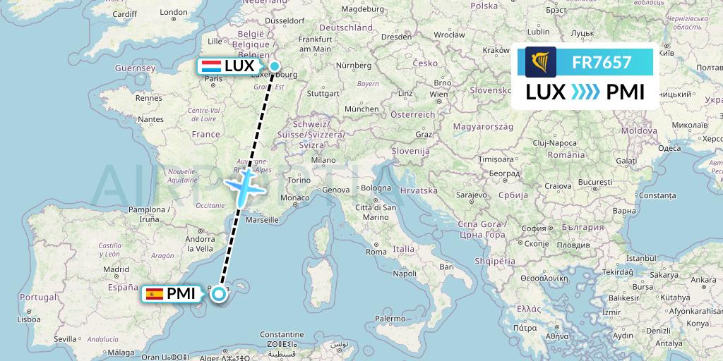 FR7657 Ryanair Flight Map: Luxembourg to Palma de Mallorca