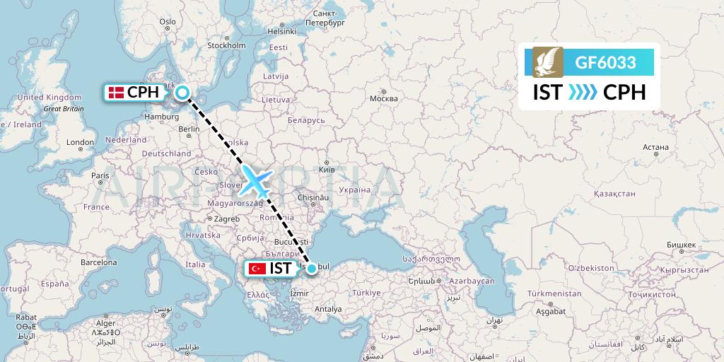 GF6033 Gulf Air Flight Map: Istanbul to Copenhagen